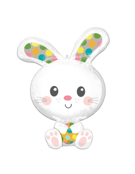 Balloon shaped like a cartoon bunny with colorful polka dot ears. Bunny is white