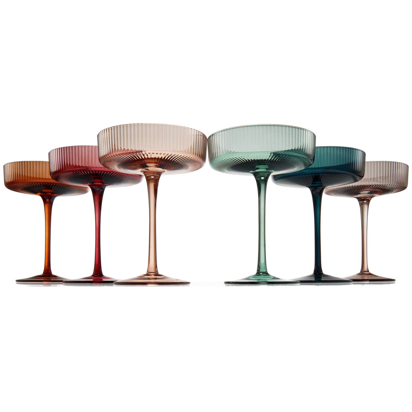 Art Deco Ribbed Pastel Coupe, & Cocktail Glasses - 6 Set