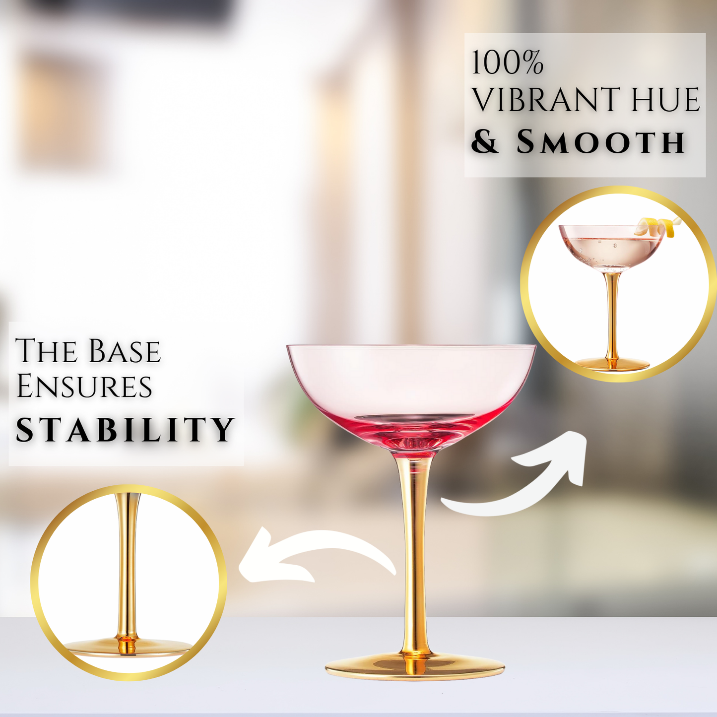 Colored Coupe Art Deco Glasses, Gold | Set of 4 | 12 oz