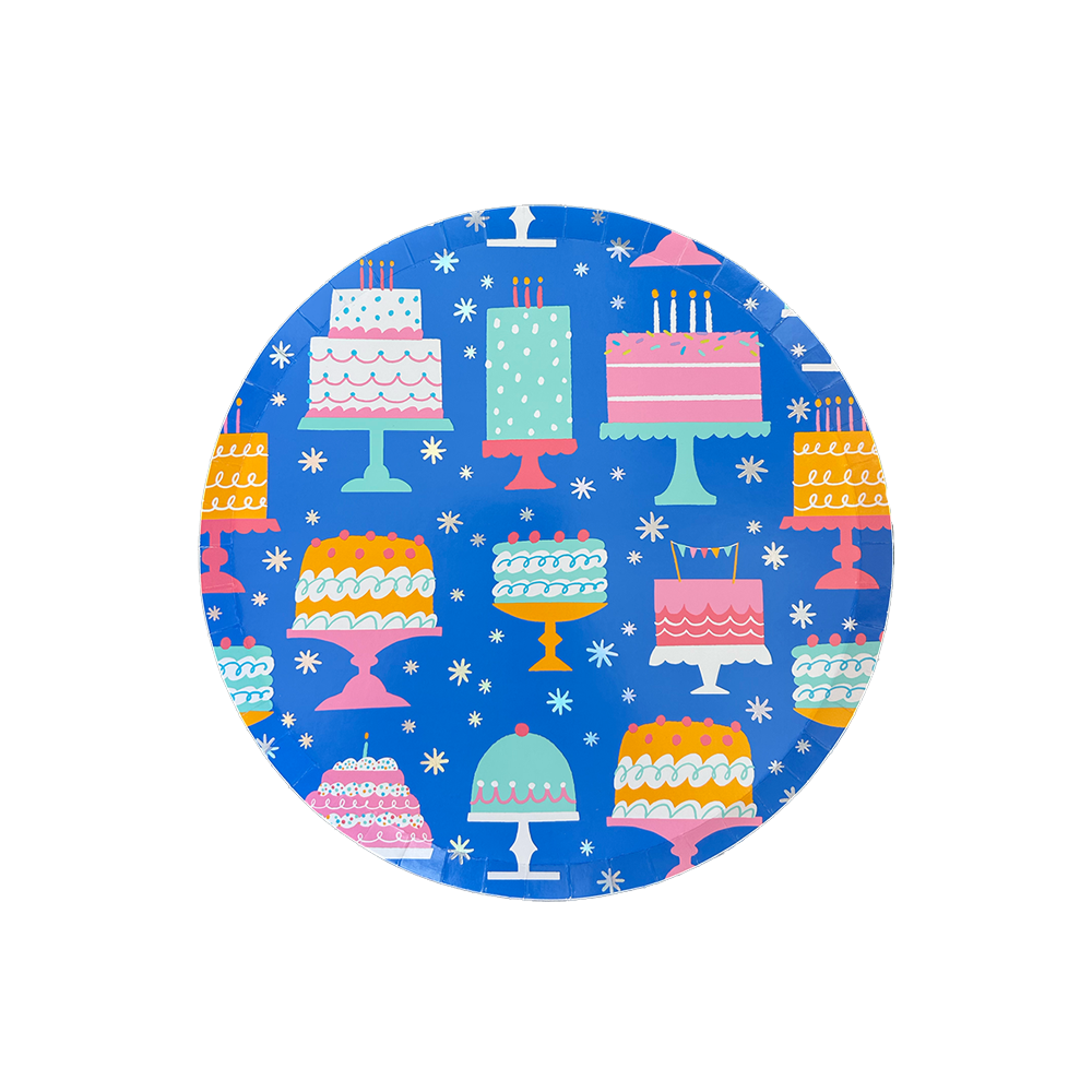 Circular design on disposable plates with colorful cake illustrations on a blue background