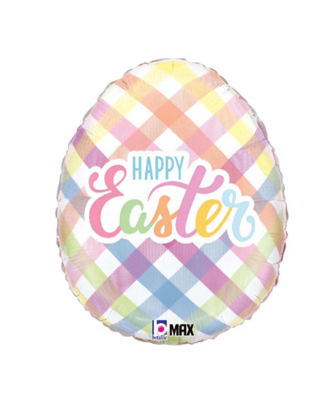 Easter-themed balloon with 'Happy Easter' text on a checkered pattern