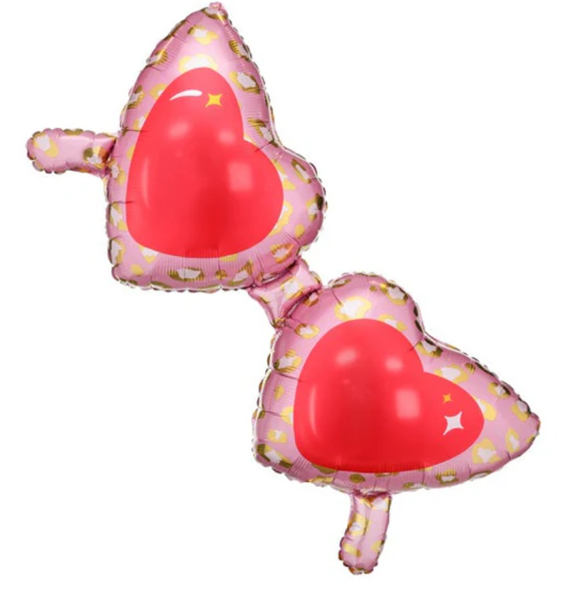 A balloon in the shape of heart glasses with pink and red colors and gold accents.