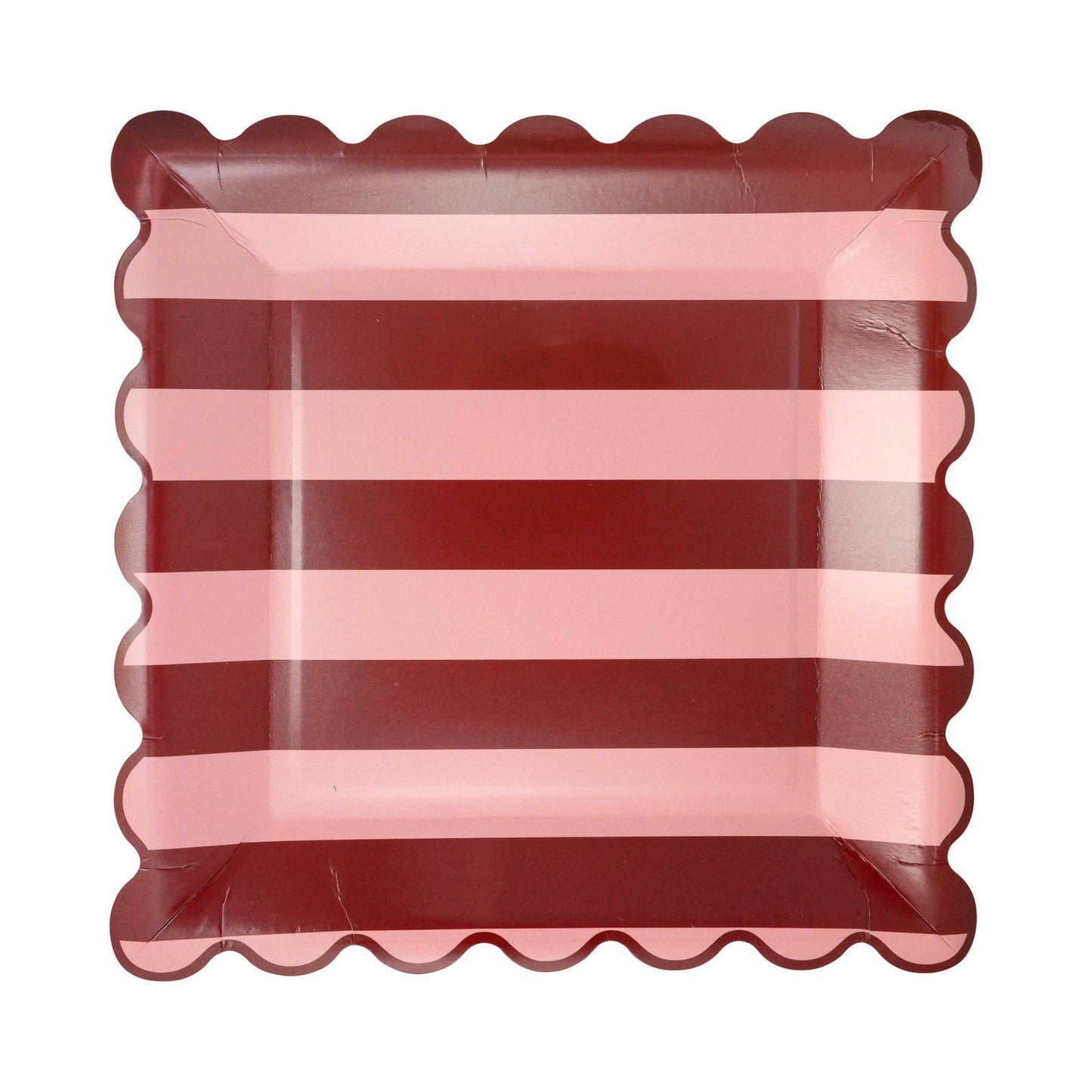 Square paper plate with red and pink striped pattern on a white background