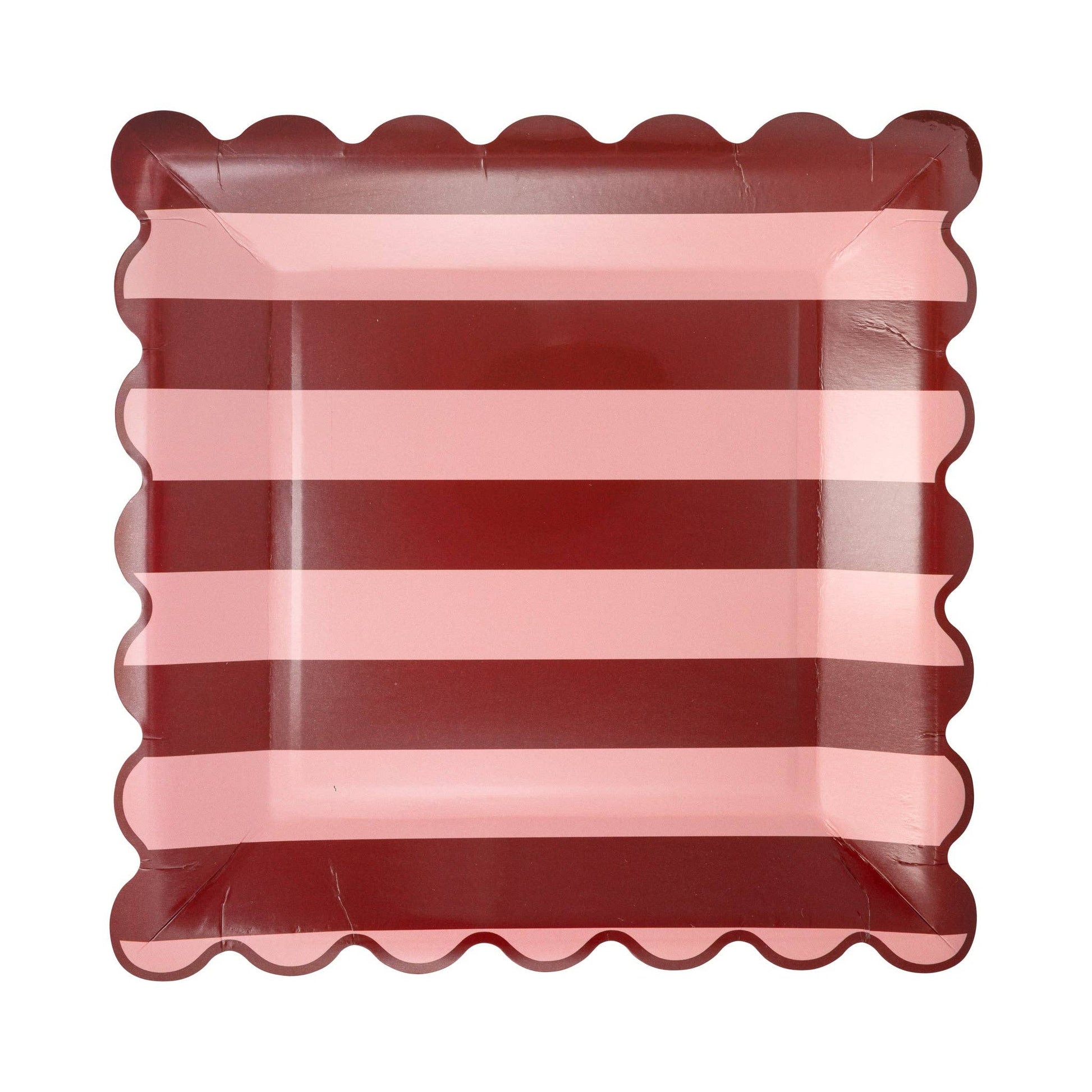 Square paper plate with red and pink striped pattern on a white background