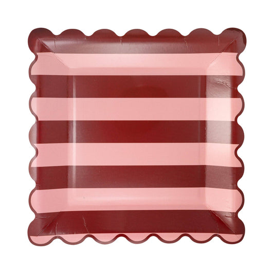 Square paper plate with red and pink striped pattern on a white background