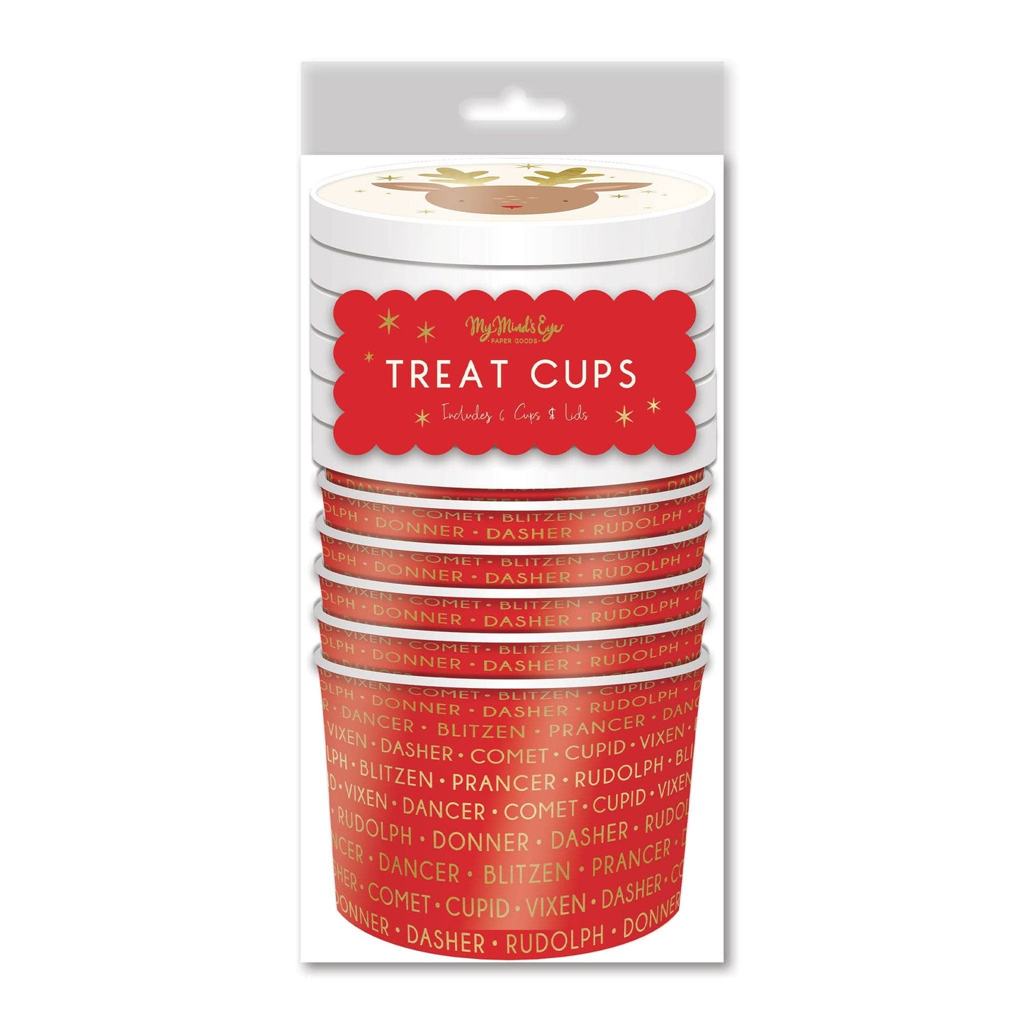 Pack of red treat cups with white text on a white background