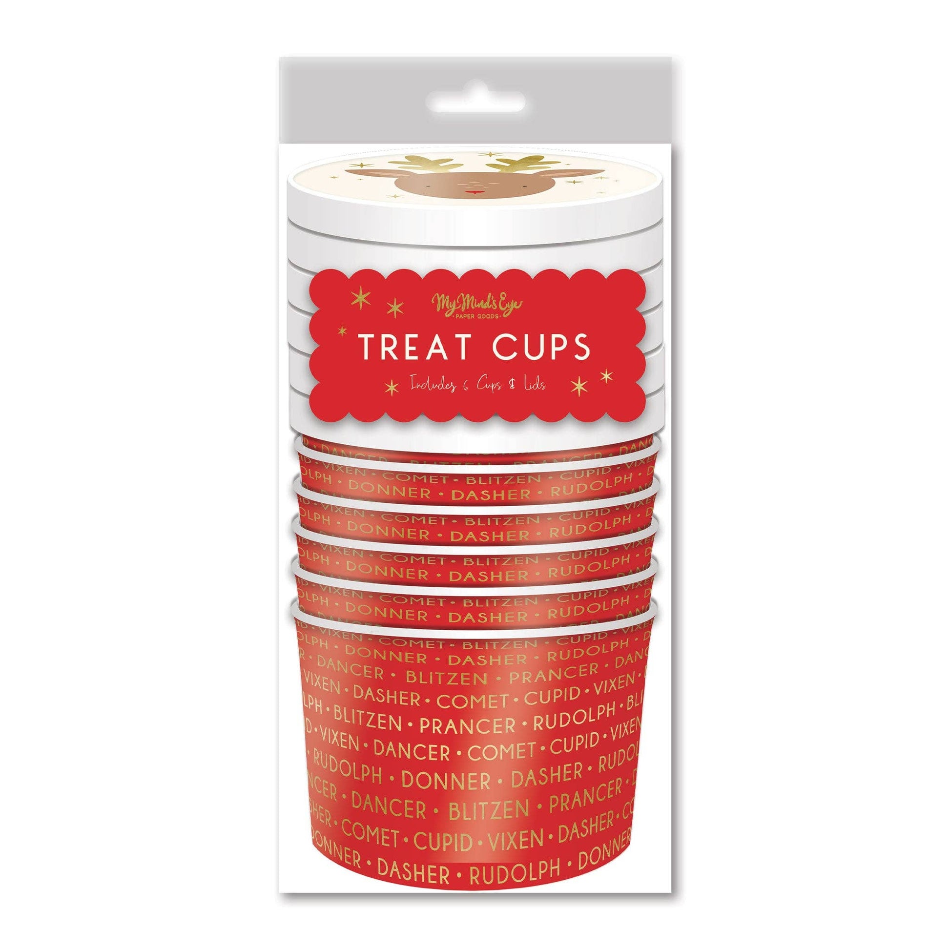 Pack of red treat cups with white text on a white background