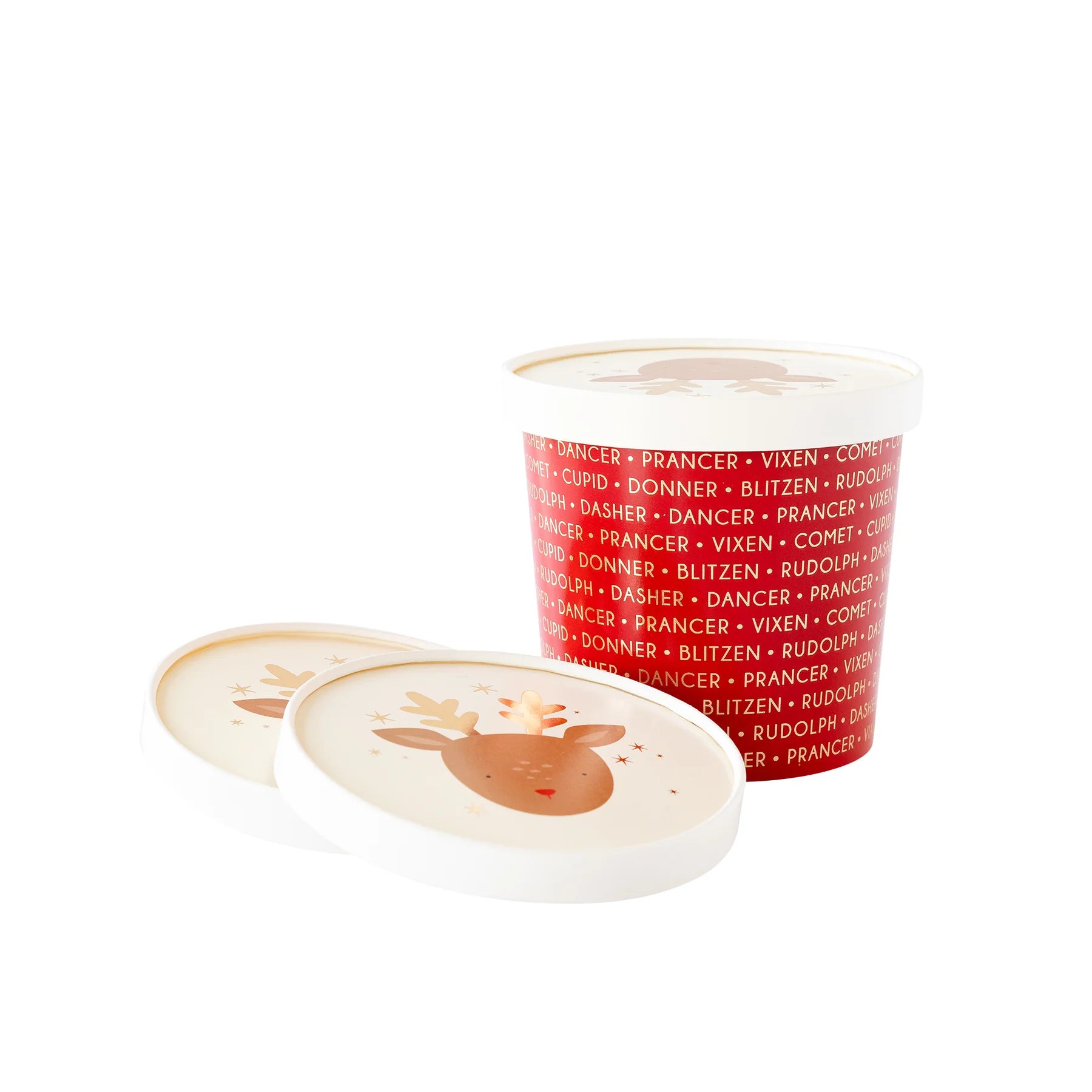 Baking cup with reindeer design and text on a white background