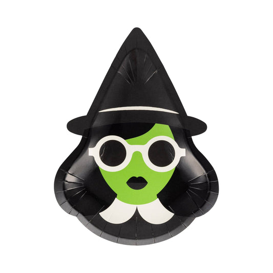 Halloween-themed paper plate with witch design on a white background