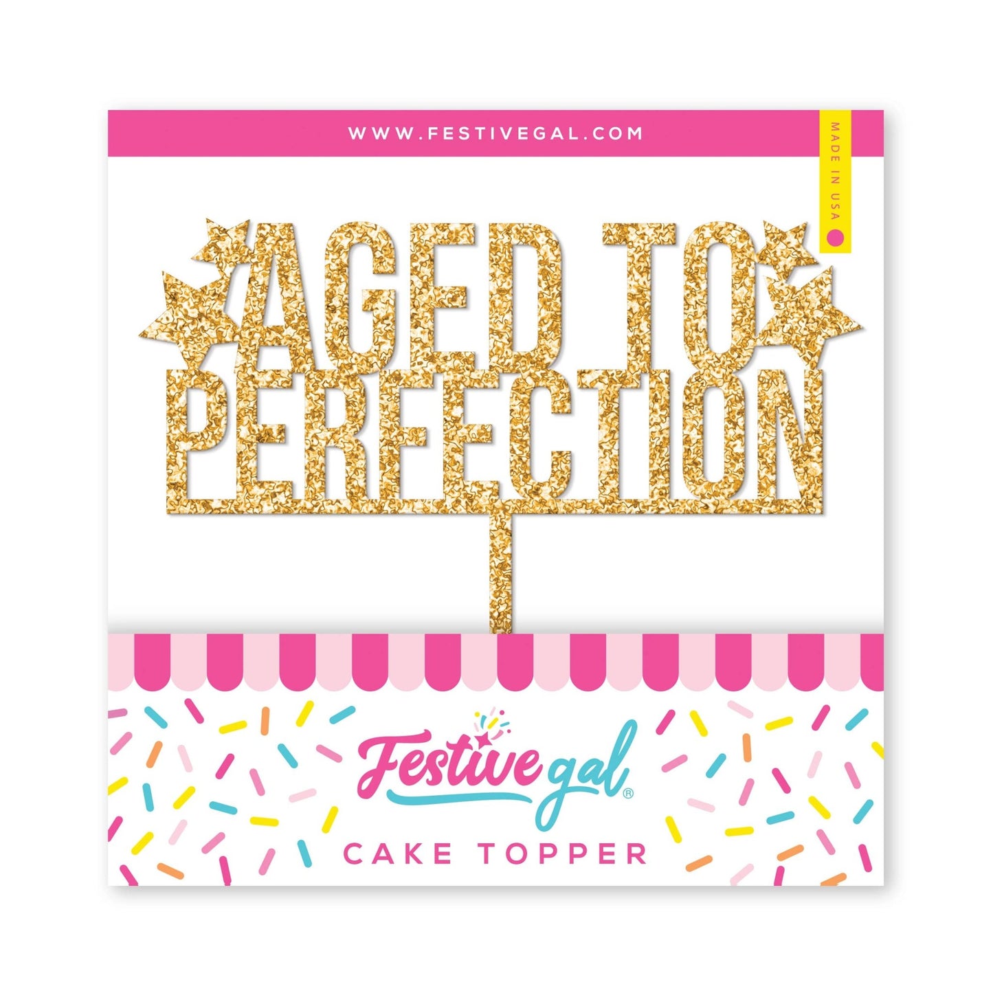 Aged to Perfection Birthday Gold Glitter Cake Topper - PaperGeenius