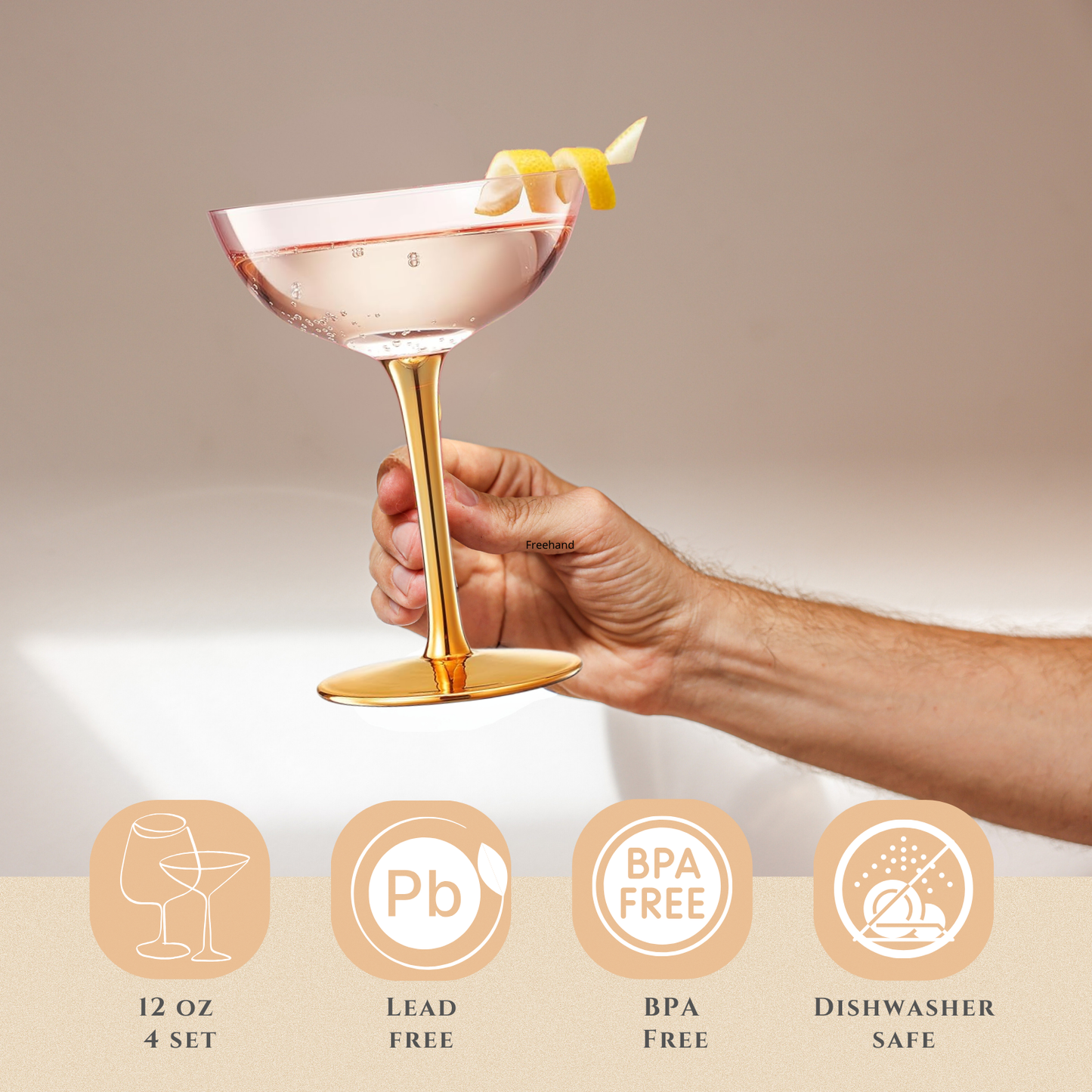Colored Coupe Art Deco Glasses, Gold | Set of 4 | 12 oz