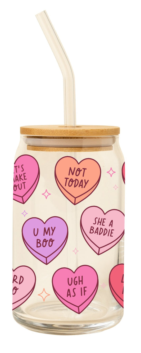 Can Glass w/Lid + Straw - Candy Hearts (Valentine's Day) - PaperGeenius