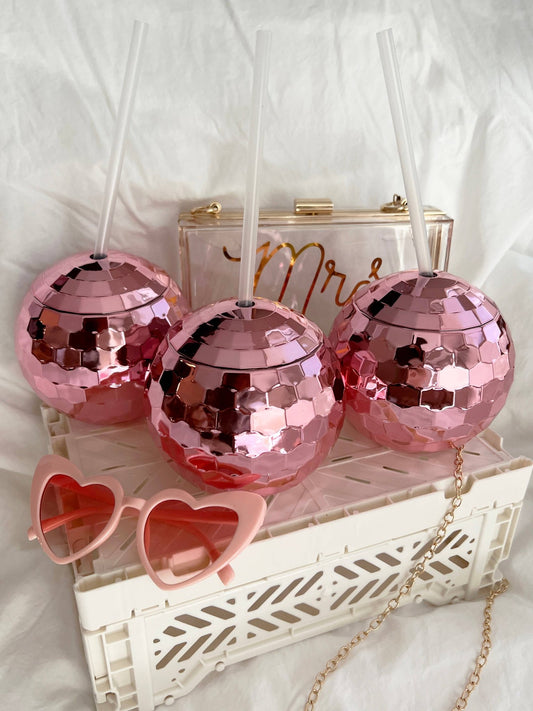 Disco Ball Cup with Clear Straw (1): PINK - PaperGeenius