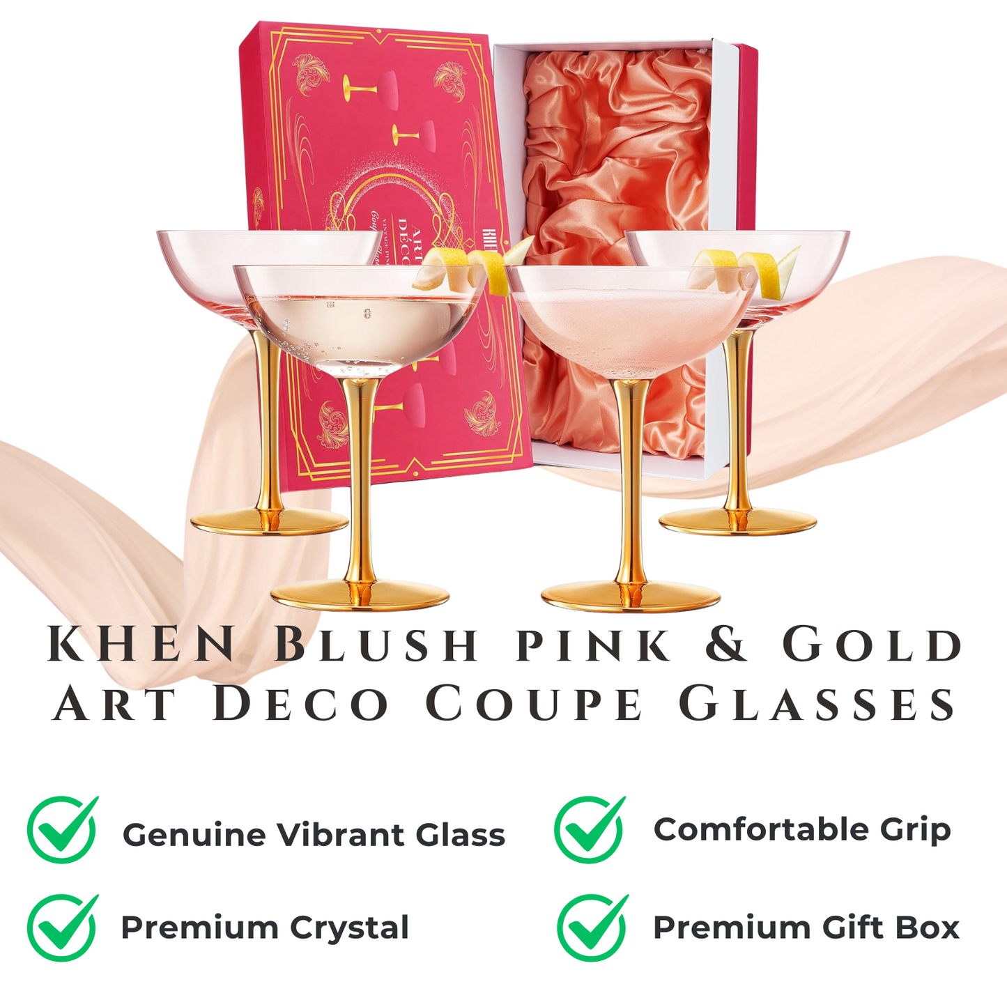 Colored Coupe Art Deco Glasses, Gold | Set of 4 | 12 oz