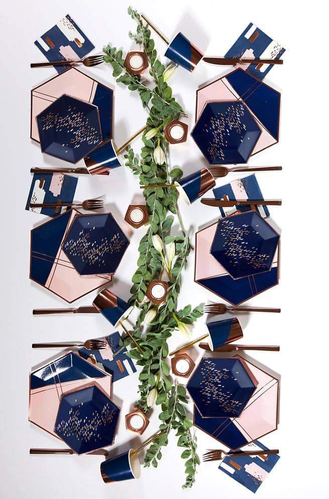 Erika - Pale Pink and Navy with Rose Gold Large Paper Plates - PaperGeenius