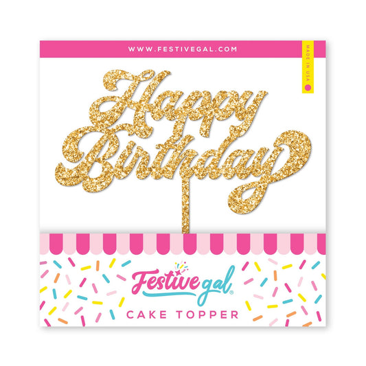 Happy Birthday Gold Glitter Cake Topper - PaperGeenius