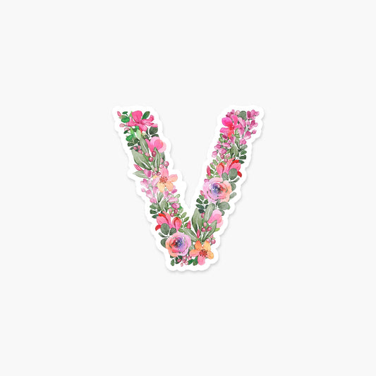 Letter V Floral - Monogram Initials Sticker - PaperGeenius