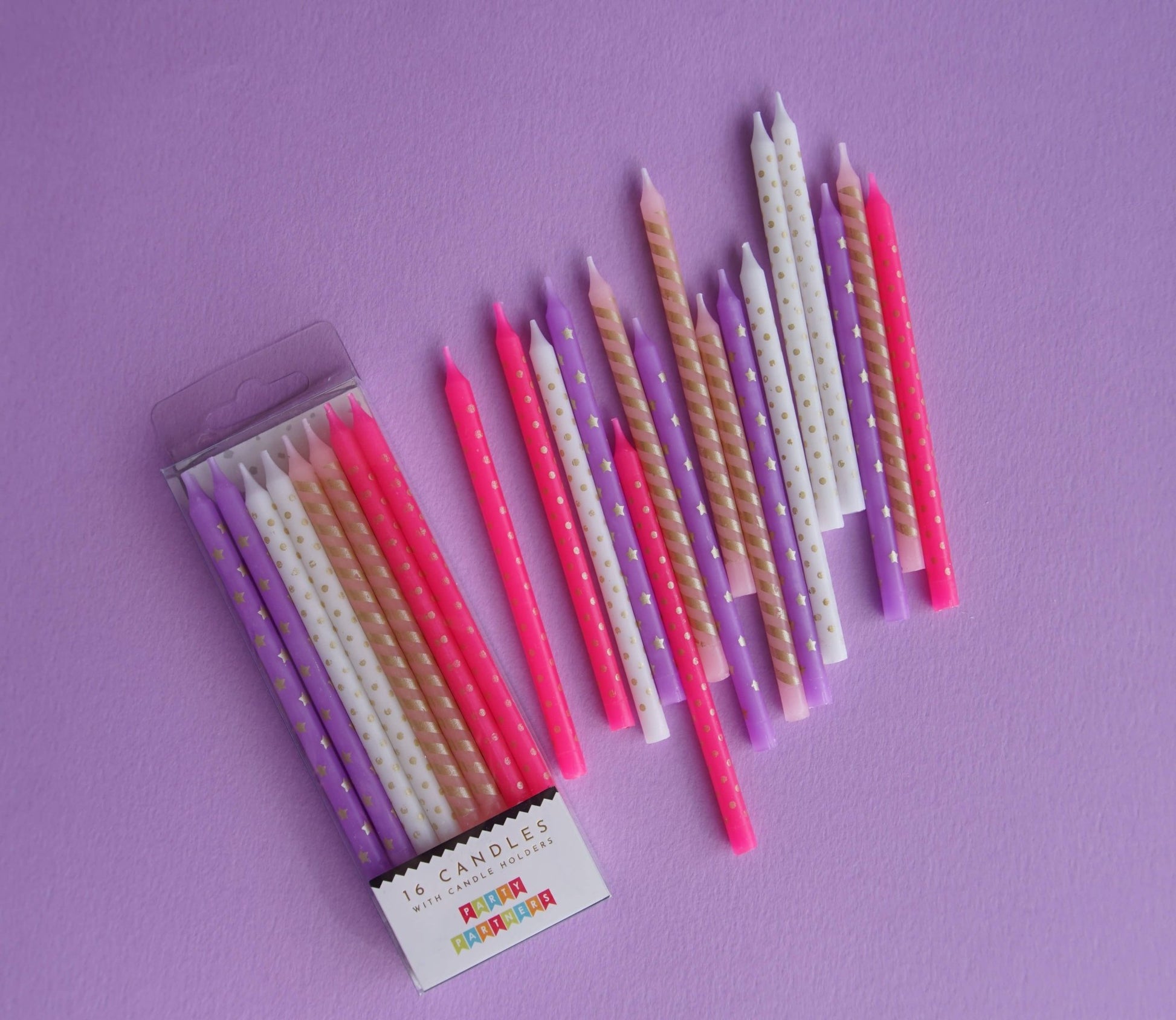 Pink & Purple Metallic Patterned 16 Candle Set - PaperGeenius
