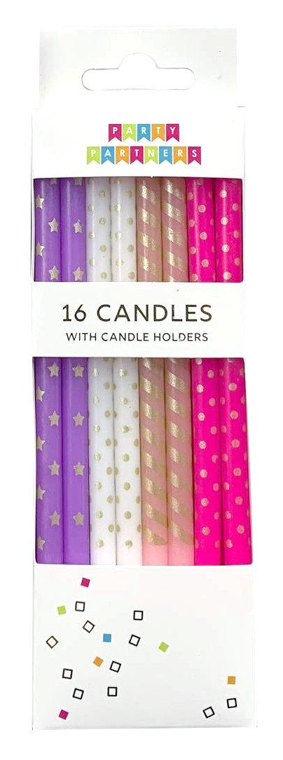 Pink & Purple Metallic Patterned 16 Candle Set - PaperGeenius