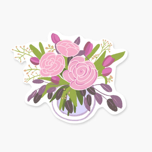 Pink Rose Bouquet In A Vase - Floral Sticker - PaperGeenius
