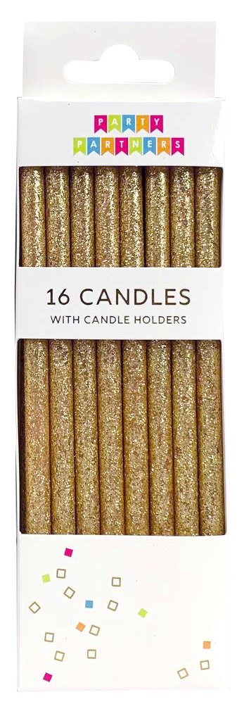 Tall Solid Gold Glitter 16 Candles Set - PaperGeenius