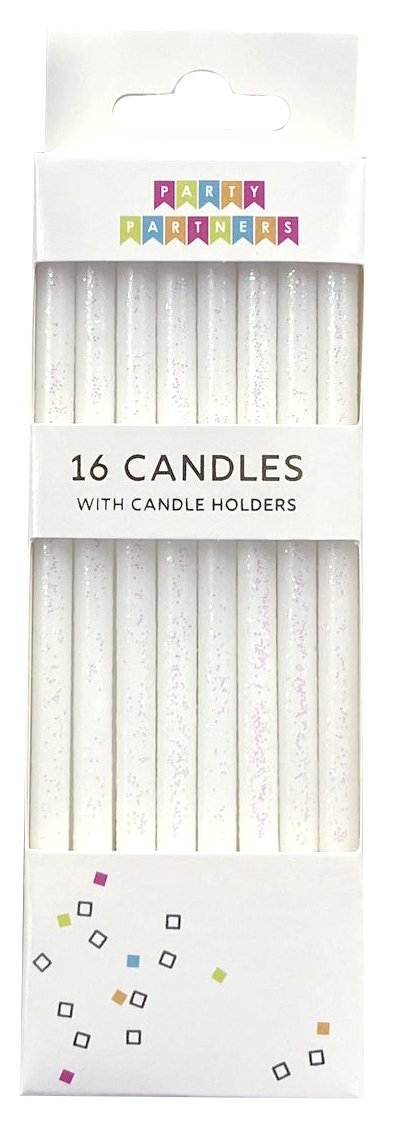 Tall White Glitter 16 Candle Set - PaperGeenius