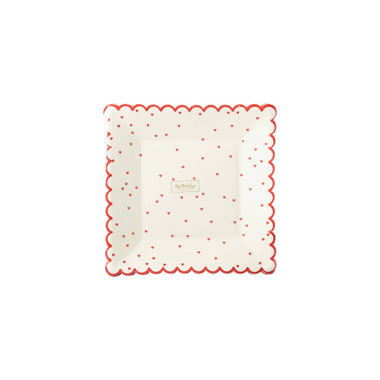 Valentine Red Scattered Heart Scalloped 8" Plate - PaperGeenius