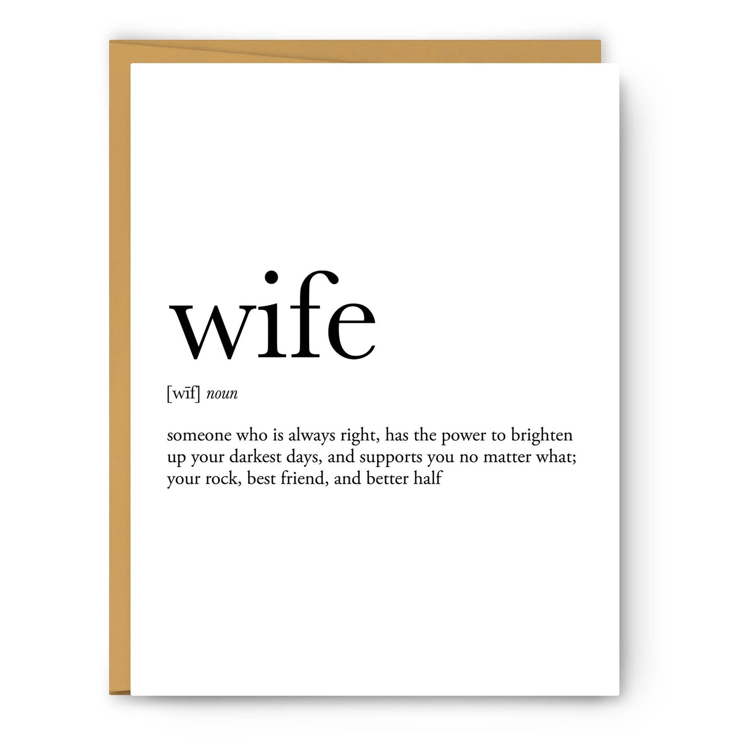 Greeting card with the word 'WIFE' printed in large black letters, followed by a definition of the word in a smaller, lighter font.