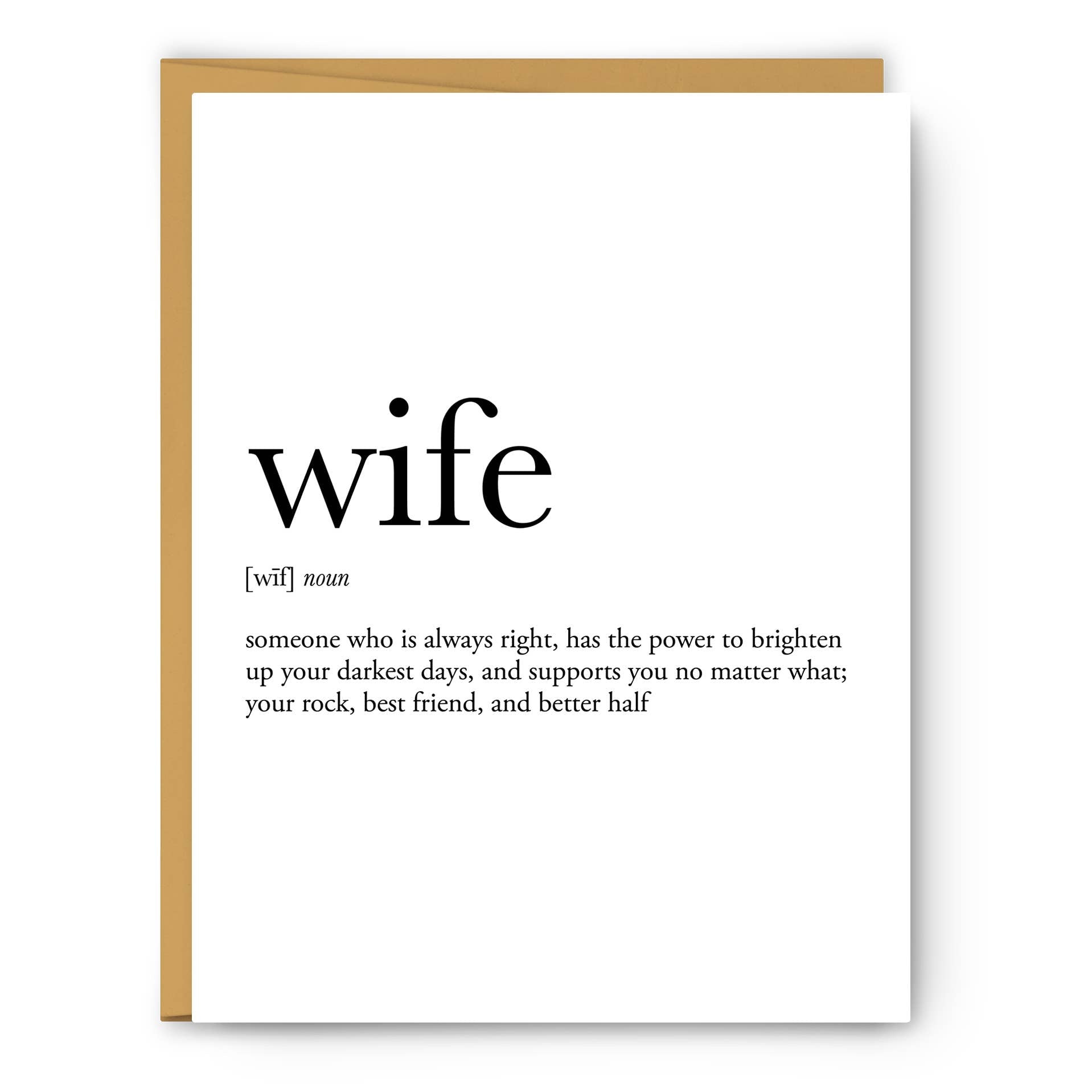 Greeting card with the word 'WIFE' printed in large black letters, followed by a definition of the word in a smaller, lighter font.